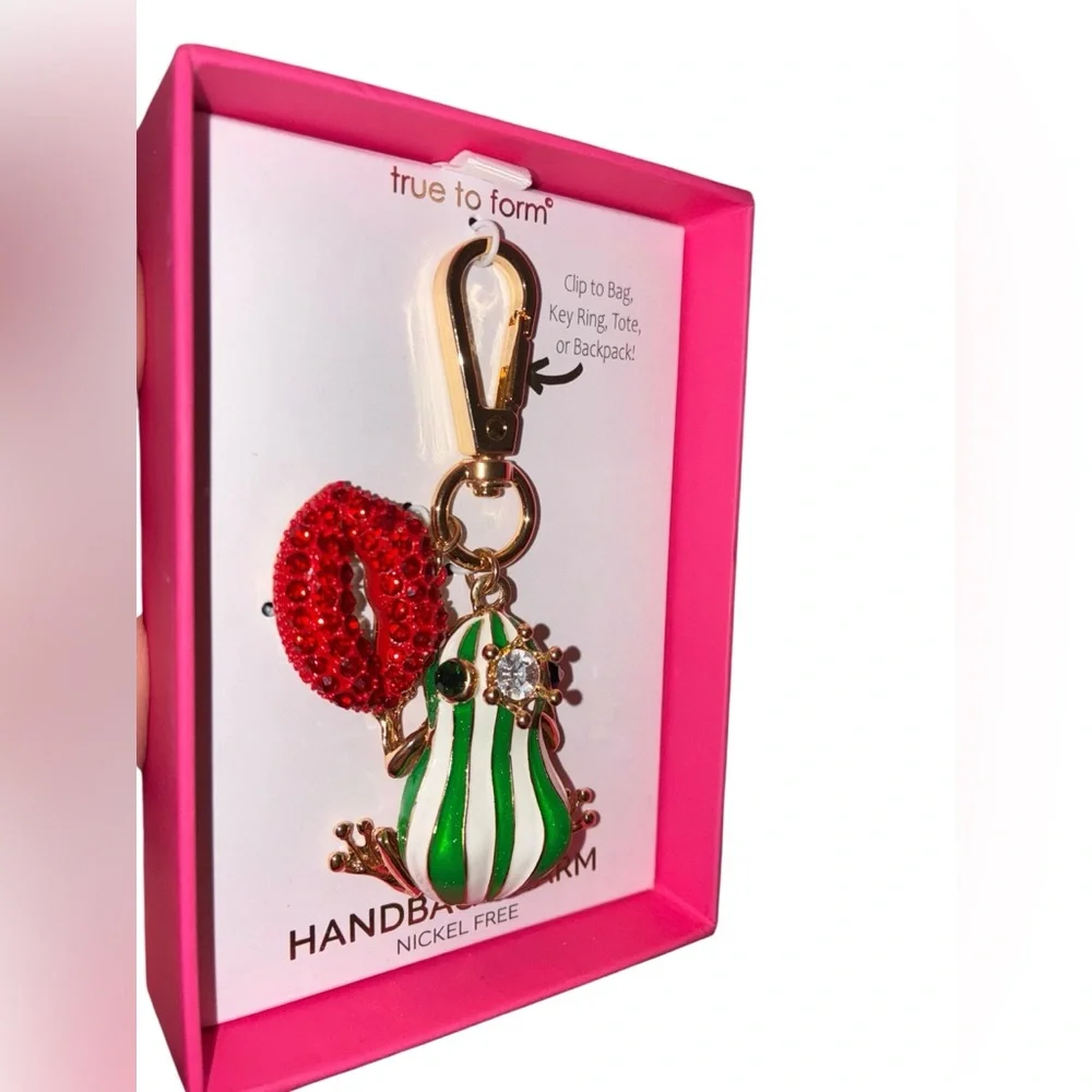 TRUE TO FORM Striped Frog and Red Crystal Lips Keychain or Bag Charm NEW NWT
